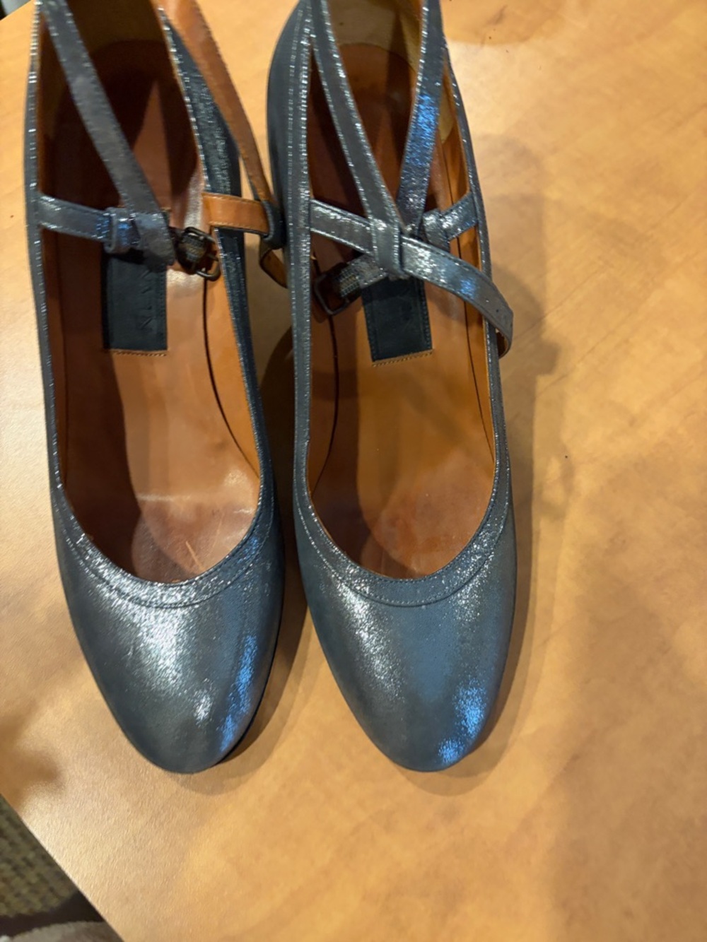 Lanvin Metallic Gray Mary Jane Flats with Cross Strap